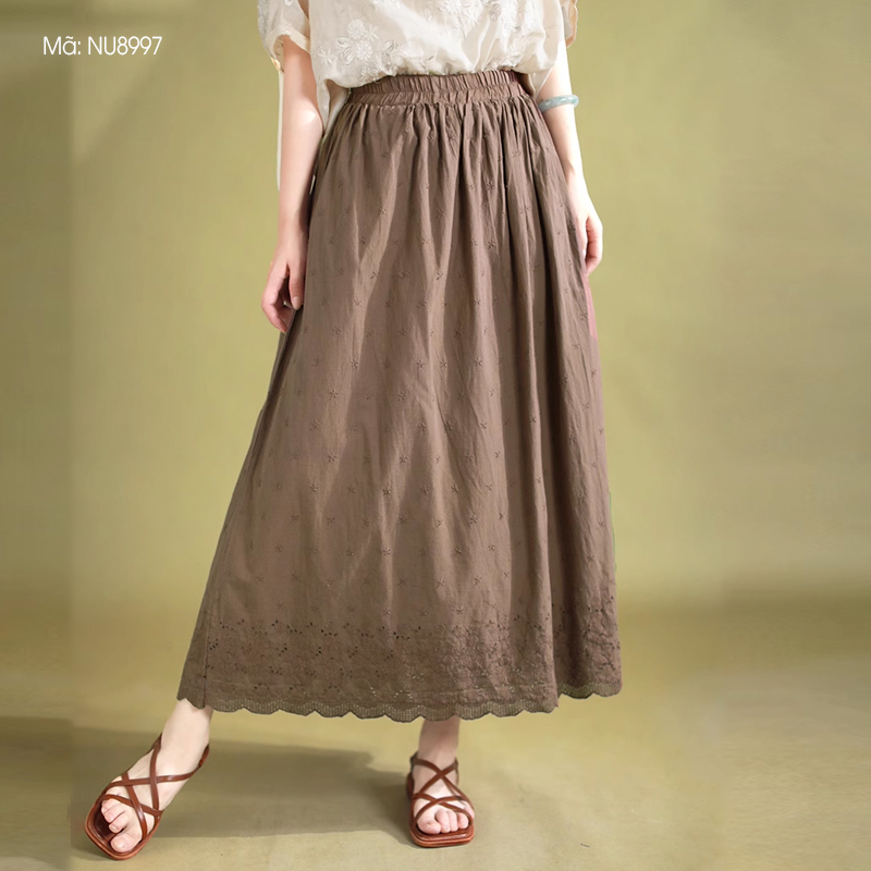 Chân váy linen retro kiểu thêu ren và những ngôi sao - NU8995