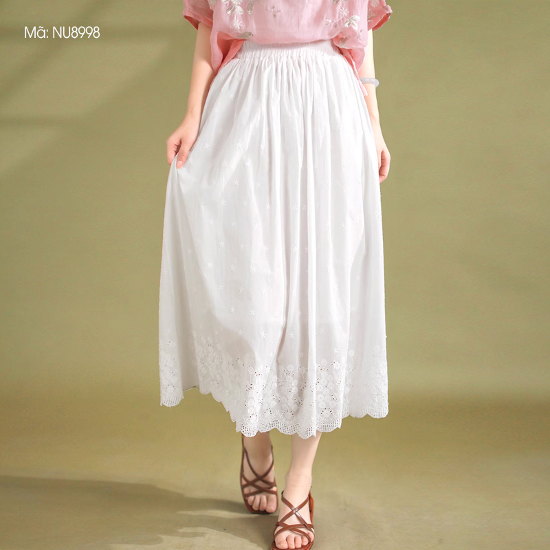 Chân váy linen retro kiểu thêu ren và những ngôi sao - NU8995
