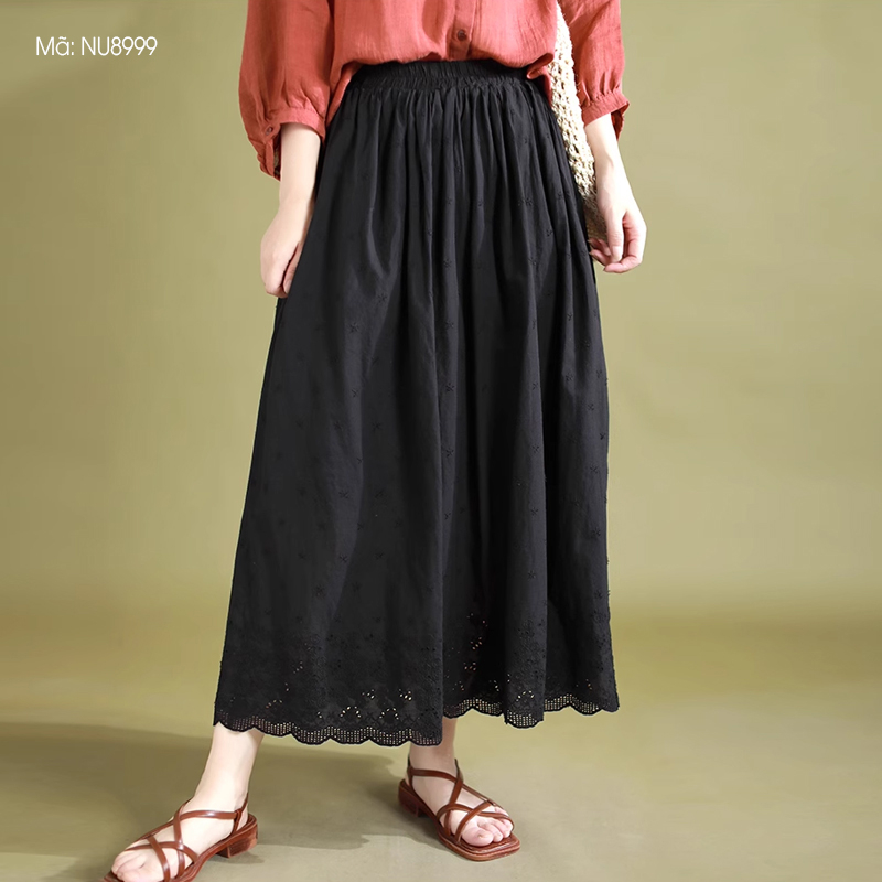 Chân váy linen retro kiểu thêu ren và những ngôi sao - NU8995