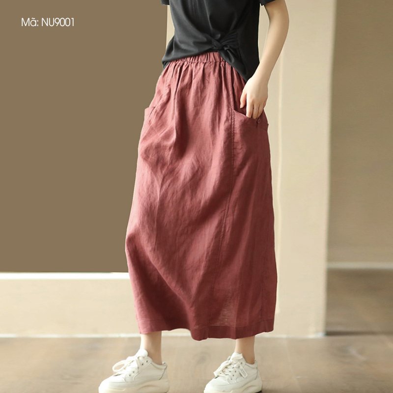 Chân váy linen retro KAMAKA hai túi đính khuy lưng thun - NU9000