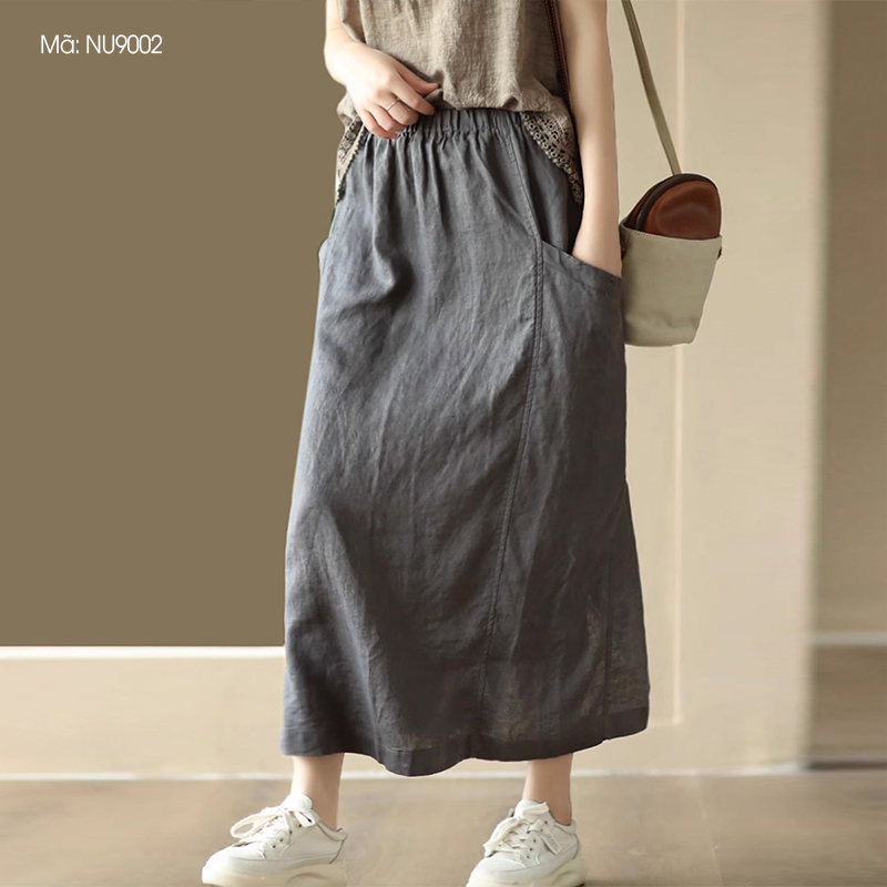 Chân váy linen retro KAMAKA hai túi đính khuy lưng thun - NU9000