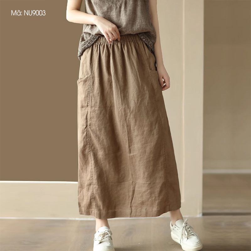 Chân váy linen retro KAMAKA hai túi đính khuy lưng thun - NU9000