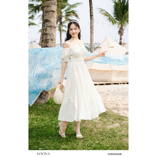 Đầm maxi trắng trễ vai cổ yếm thêu hoa YOONA - YHB10X208