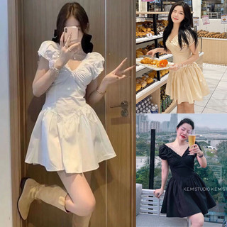 Đầm cổ V chun ngực tay bồng xinh eo dáng ôm xếp ly xòe 3 màu thời trang