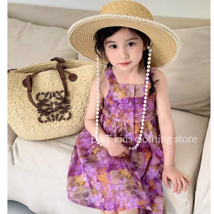 Váy bé gái 2 dây hoa 3D thiết kế cúc trước ngực cho bé yêu từ 8-25kg