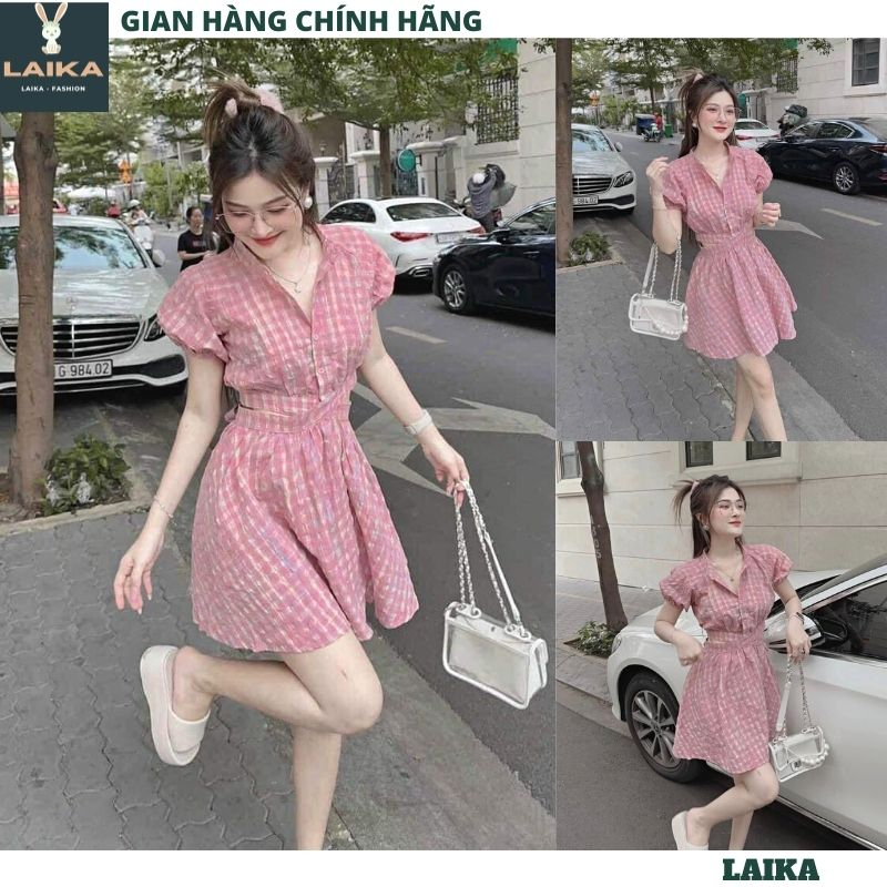 Jumpsuit tiểu thư áo croptop cộc tay chéo eo kẻ hồng chân váy ngắn xòe nơ lưng thời trang nữ tính LAIKA B76