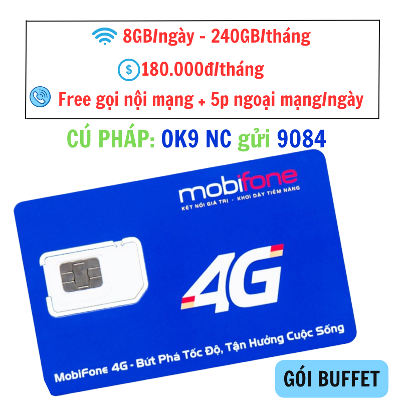 [DUNG LƯỢNG KHỦNG] Sim 4G Mobifone 8GB/ngày - gọi nội mạng free - ngoại mạng đến 150p/tháng chỉ 180k