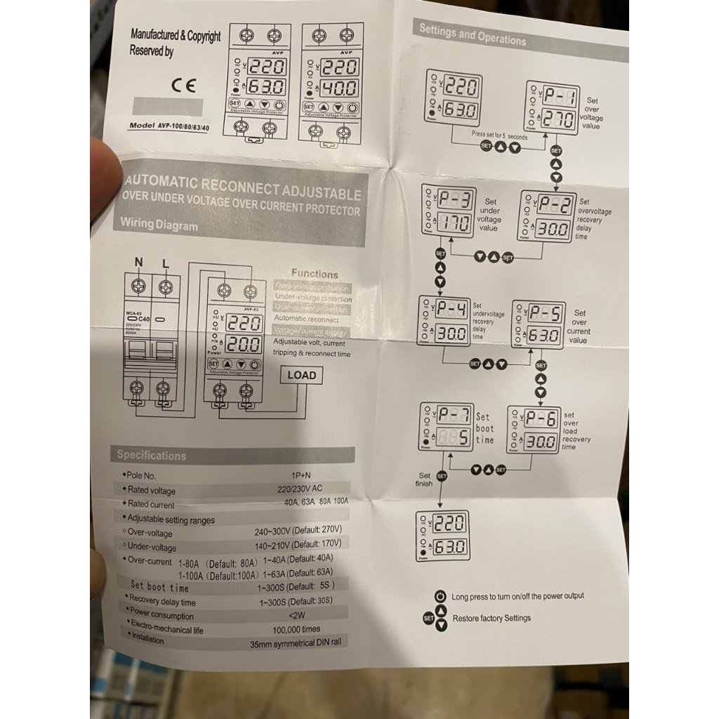 Rơ le bảo vệ dòng áp AVP-63 bảo vệ cao áp, thấp áp, quá dòng 63A 220/230VAC