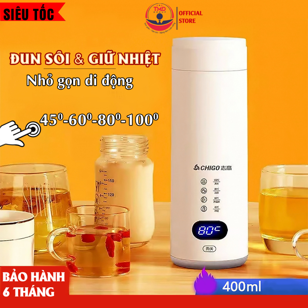 Bình nước đun sôi ChiGoTMD GROUP 400ml - 4 mức nhiệt chính xác, pha trà sữa, 2 lớp inox cách nhiệt, nhỏ gọn di động