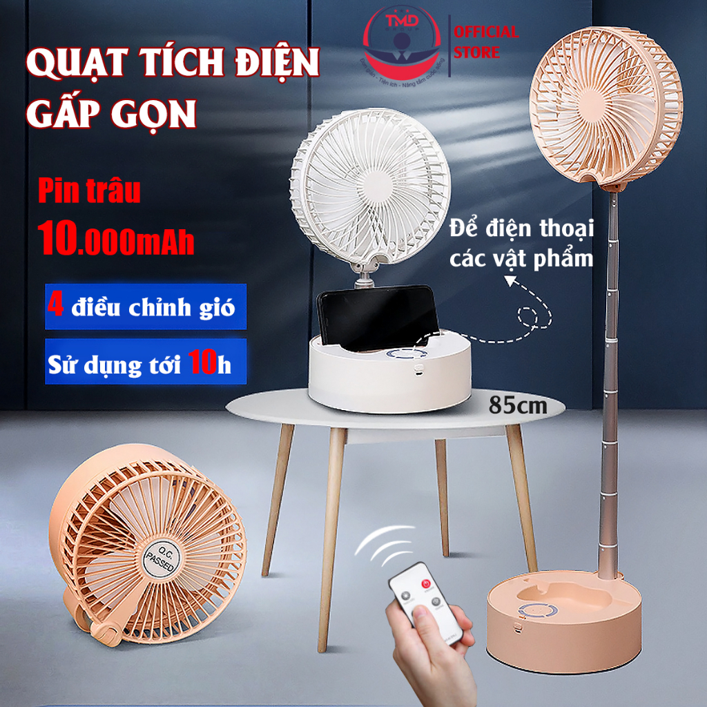 Quạt tích điện gấp gọn TMD GROUP - Điều khiển từ xa kiêm đèn ngủ, công suất lớn 25W, Pin trâu 7200mAh