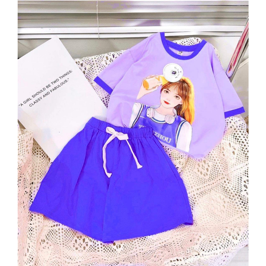 Đồ bộ cộc tay mùa hè hình CÔ GÁI cho bé, Bộ bé gái size đại chất cotton