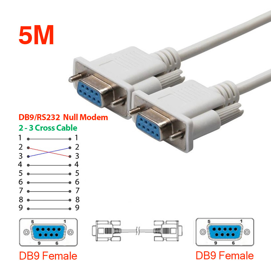 Cáp COM DB9 RS232C Cái-Cái nối chéo 2-3 dài 5M đầu đúc màu TRẮNG XÁM. DB9 Null modem 2-3 Cross cho máy công nghiệp, y tế