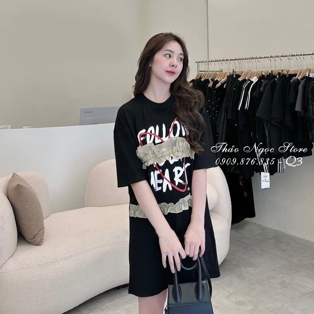 Đầm thun suông in chữ phối viền bèo form rộng!  THẢO NGỌC STORE