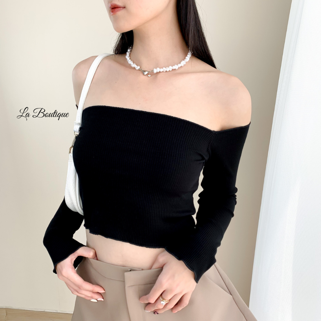 Áo Croptop Trễ Vai Tay Dài La Boutique Thun Gân Co Dãn 4 Chiều Có Bigsize