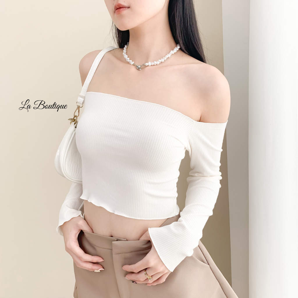 Áo Croptop Trễ Vai Tay Dài La Boutique Thun Gân Co Dãn 4 Chiều Có Bigsize