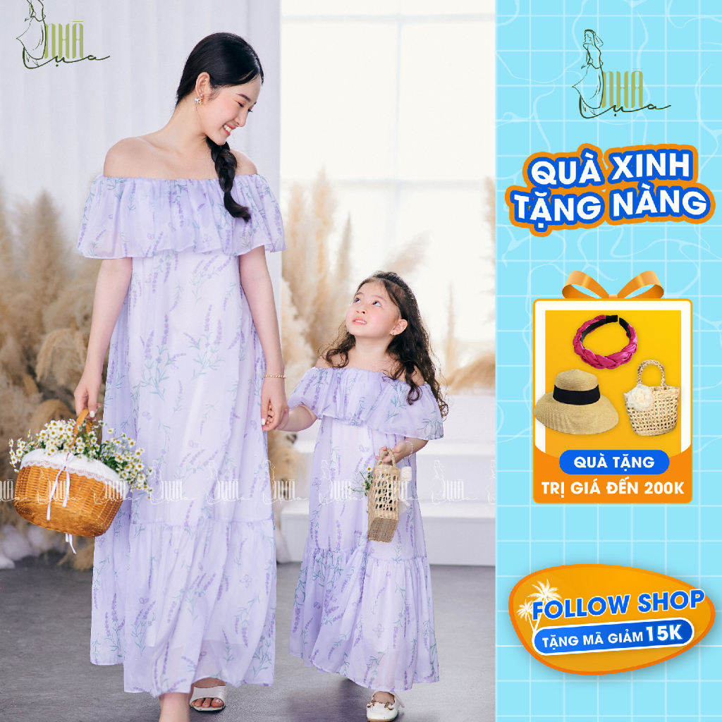 Set váy maxi trễ vai đi biển mẹ và bé gái Hạ Vân, Đầm maxi hở vai hoa nhí váy đôi mẹ con đi biển form rộng- Nhà Lụa Kids
