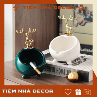 Gạt Tàn Sứ Màu Xanh Đậm Hươu Vàng Sang Trọng Chất Liệu Gốm Sứ Cao Cấp
