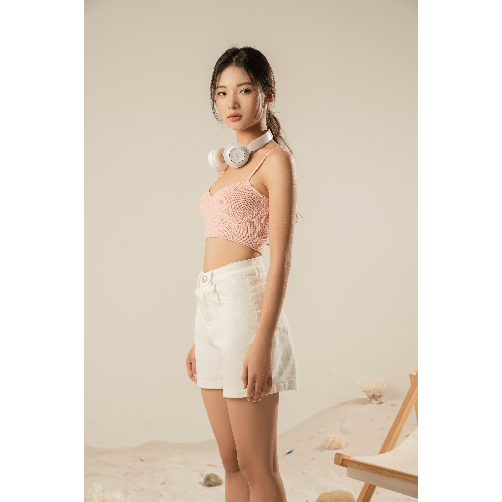 Quần short nữ, Quần short trắng trơn lưng cao vải cotton co giãn mềm mịn SN01 - La'coba