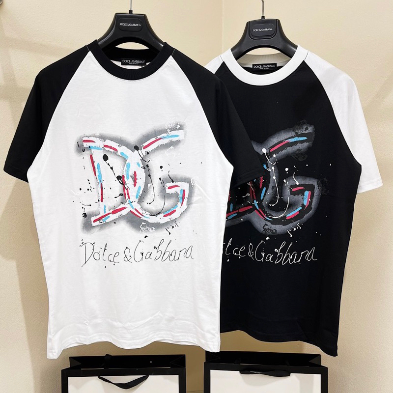 Áo Thun Tay Lỡ Unisex In Chữ DG Vảy Sơn Loang Màu Phối Tay Raglan Đen Trắng TONGKHOSI