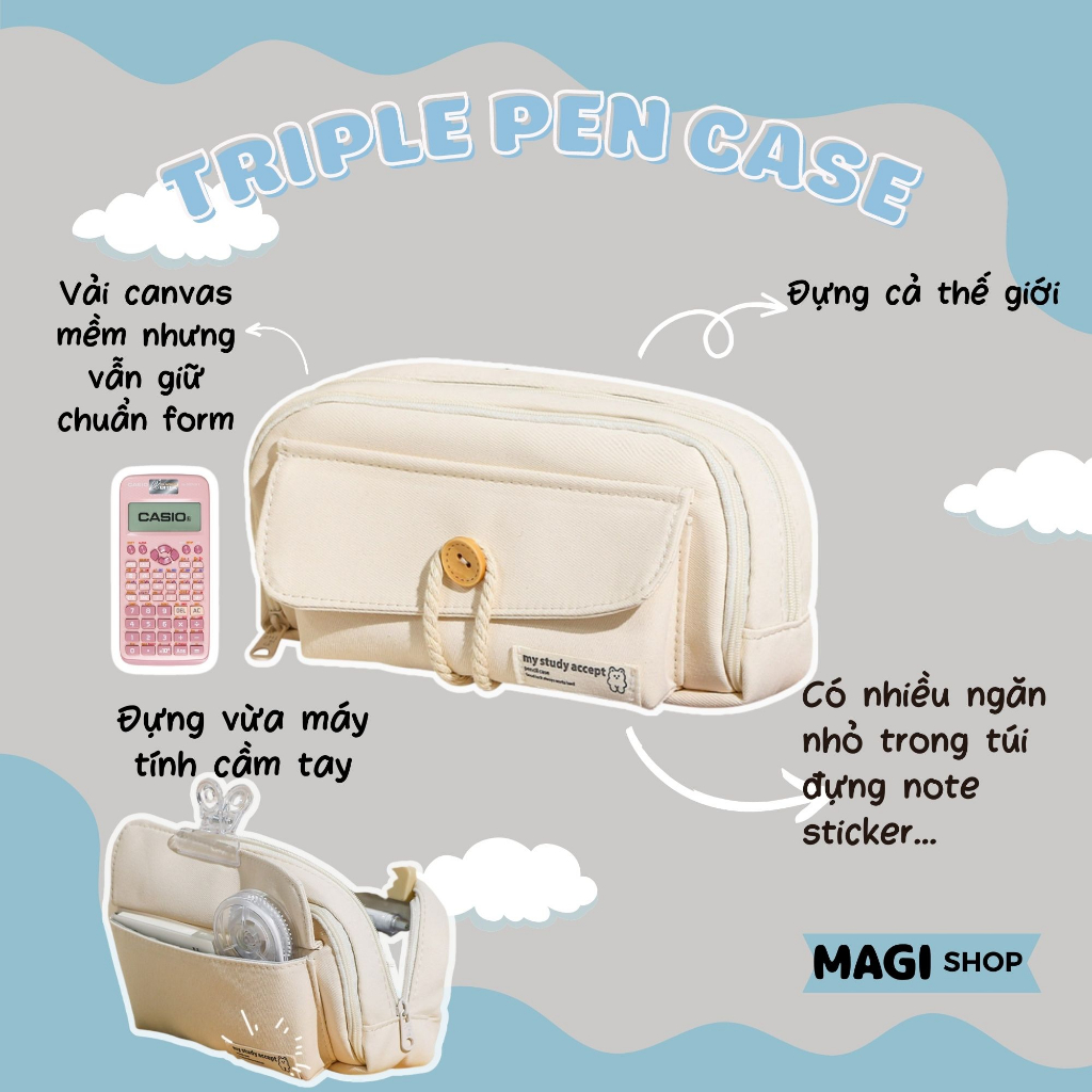 Túi đựng bút to nhiều ngăn vải canvas móc cúc dễ thương đến trường mẫu mới.