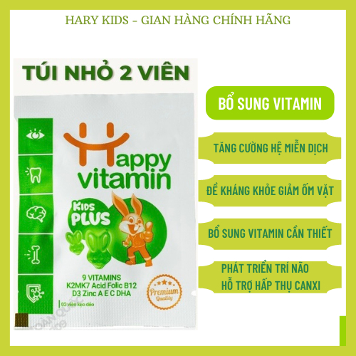 Túi nhỏ 2 viên Kẹo dẻo Vitamin tổng hợp D3K2,A,C,E,B12,DHA Kids Plus+ giúp bé ăn ngon, tăng cường miễn dịch