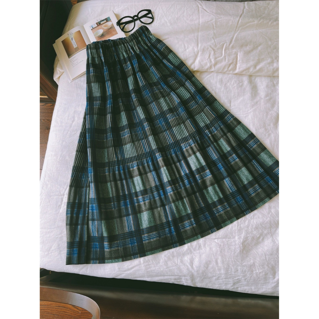 Chân váy vintage midi dáng dài kẻ sọc ô màu nâu/đen/xanh vải dạ dày dặn style thu đông Hàn Quốc