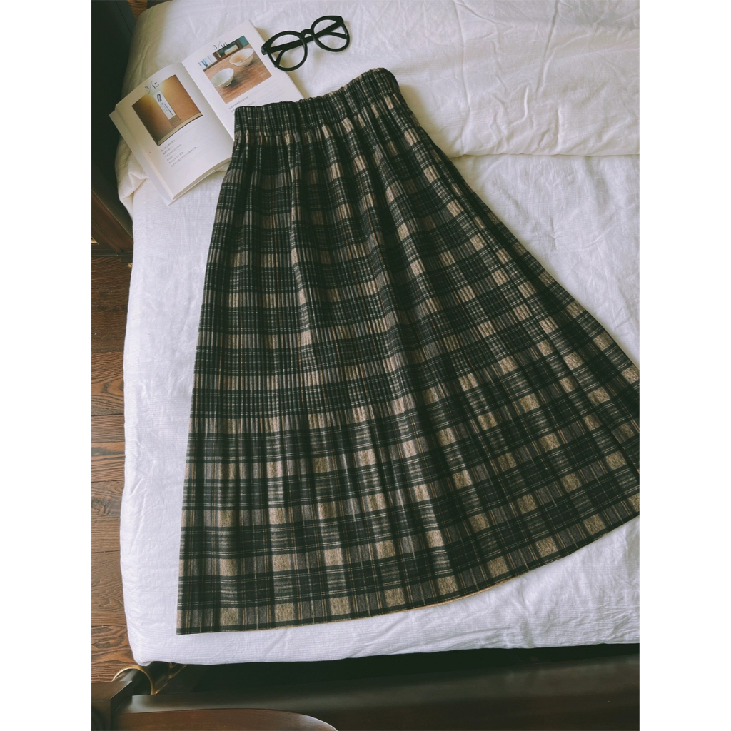 Chân váy vintage midi dáng dài kẻ sọc ô màu nâu/đen/xanh vải dạ dày dặn style thu đông Hàn Quốc