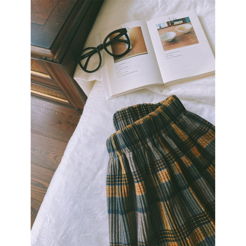 Chân váy vintage midi dáng dài kẻ sọc ô màu nâu/đen/xanh vải dạ dày dặn style thu đông Hàn Quốc