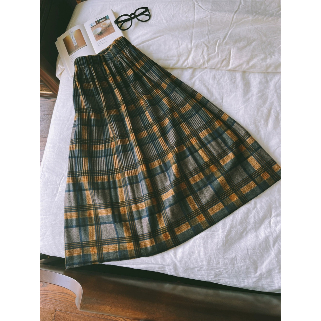 Chân váy vintage midi dáng dài kẻ sọc ô màu nâu/đen/xanh vải dạ dày dặn style thu đông Hàn Quốc