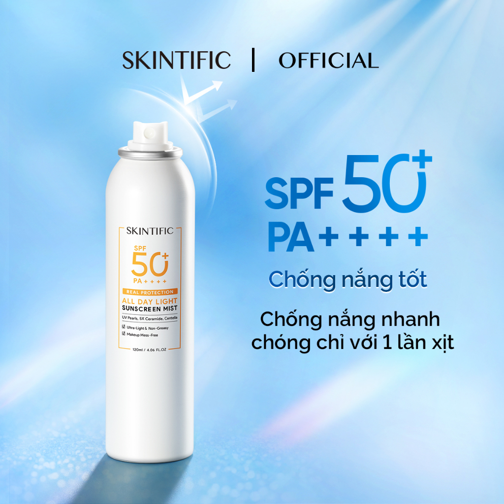 Xịt chống nắng SPF50 PA++++ big size SKINTIFIC 120ml (đơn lẻ)