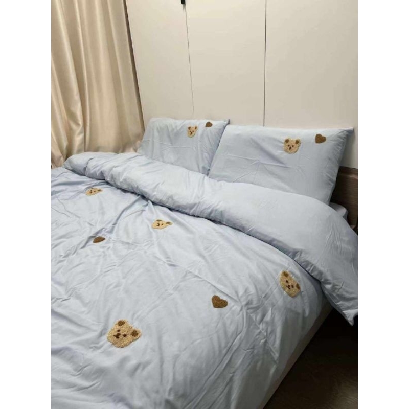 Bộ ga gối cotton đũi hàn thêu gấu Bear nổi. cotton đũi mát mềm sẵn ONA HOME