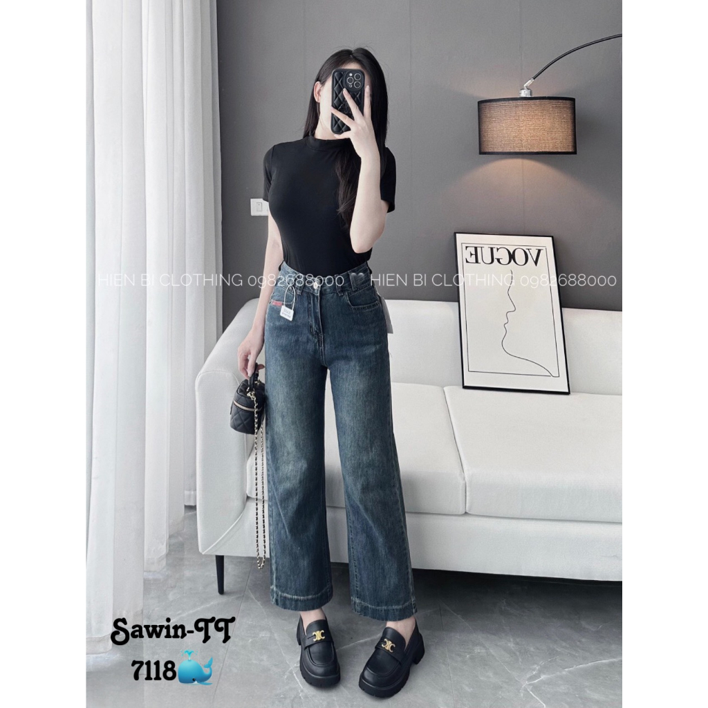 Quần Jean Nữ Suông Cạp Cao Ống Rộng Viền Gấu Trẻ Trung