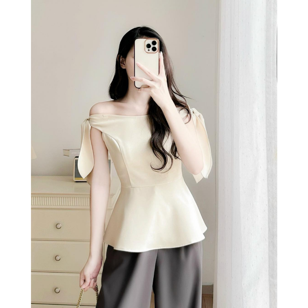 Áo Peplum Trễ Vai Thắt Nơ Vai Có Điều Chỉnh Độ Rộng Phù Hợp Vải Chéo Di0r Mềm Mịn Đuôi Xòe Nữ Tính MYAN DESIGN Avn062308