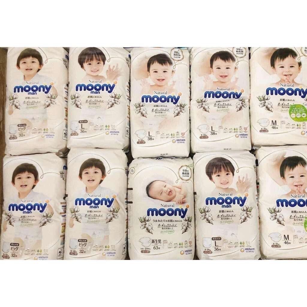 Bỉm Moony Natural trắng nội địa Nhật quần/dán size NB63/S58/M48/L36/XL32