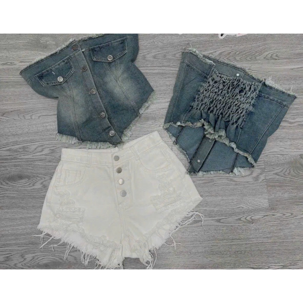 🍒🍒🍒 🌵🌵áo ống jean rút eo tà chéo cá tính nữ lyie