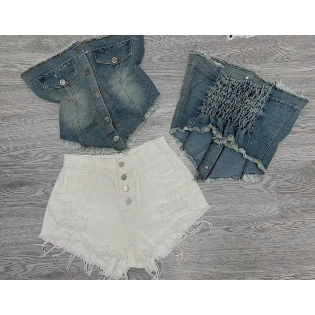 🍒🍒🍒 🌵🌵áo ống jean rút eo tà chéo cá tính nữ lyie