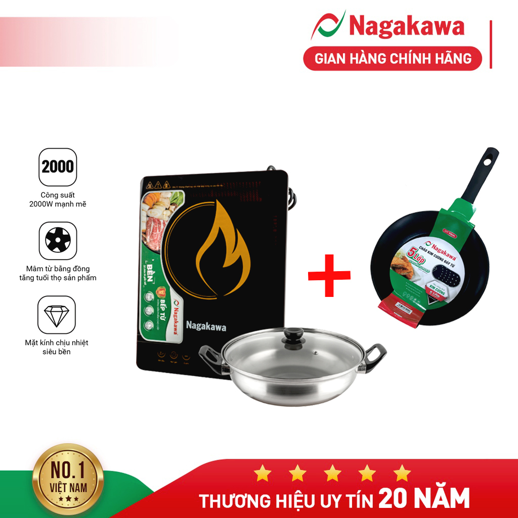 COMBO Bếp Từ Đơn Nagakawa NAG0704 (2000W)-Kèm Nồi Lẩu và Chảo kim cương đáy từ Nagakawa NAG2451 (24cm) - Bảo hành 1 năm