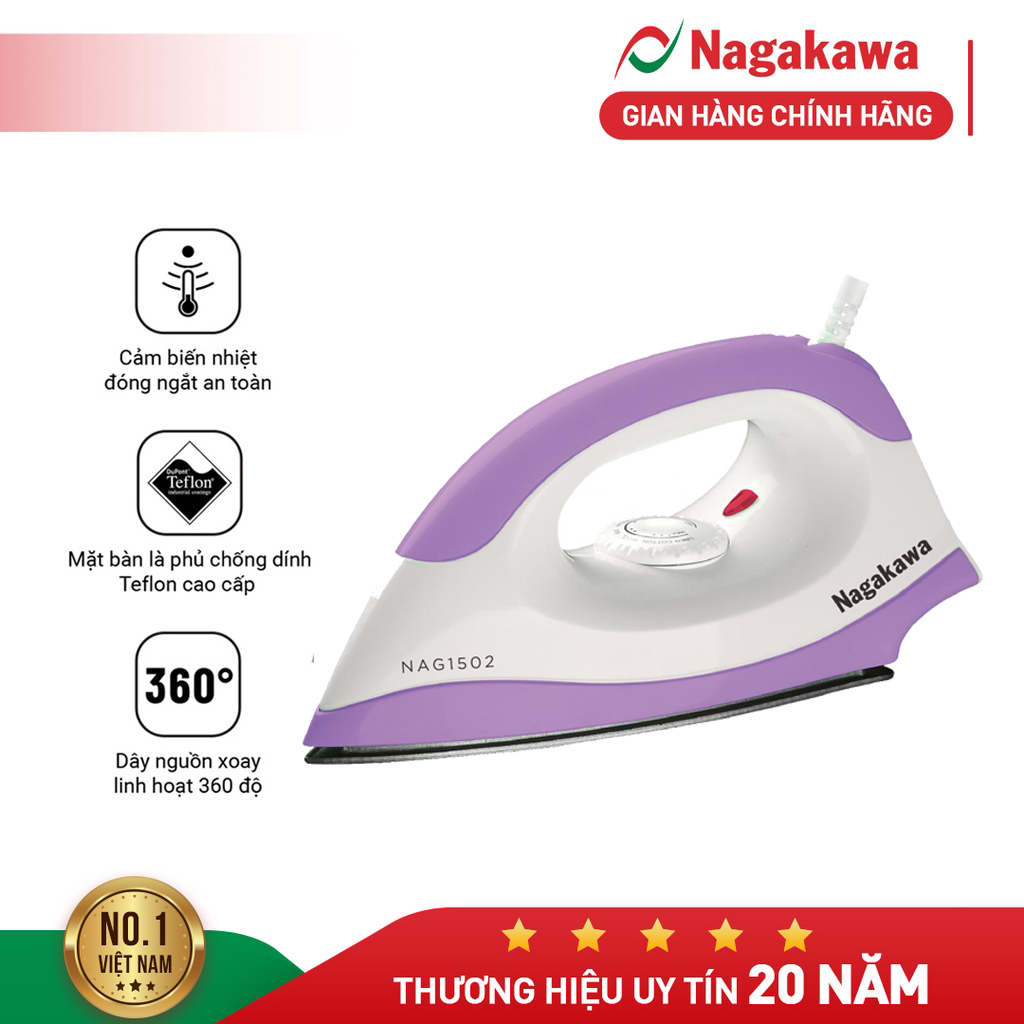 Bàn ủi Khô Nagakawa NAG1502 (1200W) - Đế chống dính teflon cao cấp - Cảm biến nhiệt đóng ngắt an toàn - Hàng chính hãng