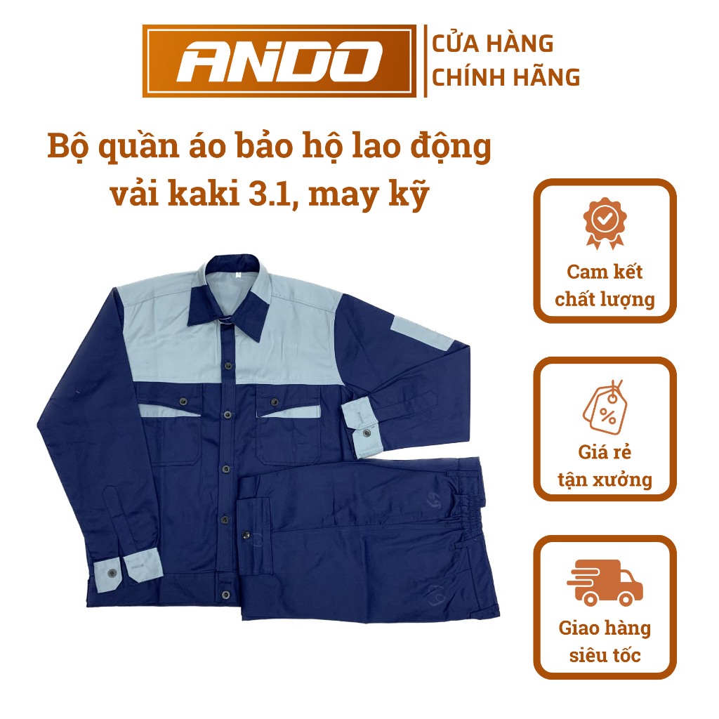 Bộ quần áo bảo hộ lao động AD02, vải kaki 3.1 dày dặn, may kỹ, màu xanh than phối ghi