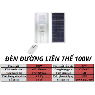 Đèn Đường Liền Thể Năng Lượng Mặt Trời  100W