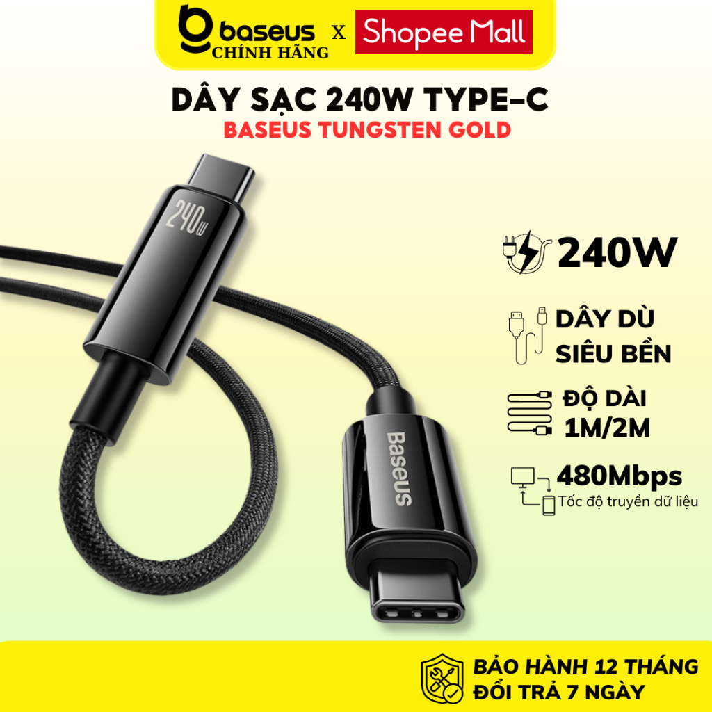 Dây sạc nhanh Type c 240W Baseus Tungsten Gold cáp bọc dù siêu bền cho laptop Mac smartphone