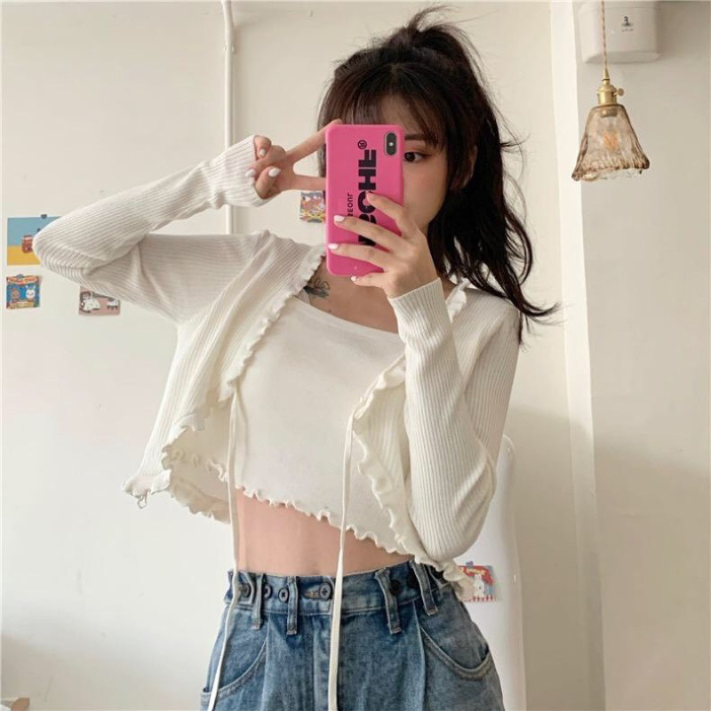 Set Áo Hai Dây Croptop Kèm Áo Khoác Rua Dài Tay Đen Trắng Trơn