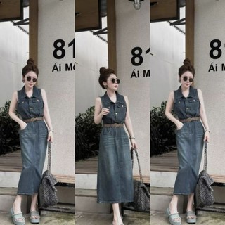 Váy Sát Nách Bò Ms.6587 Váy Dáng Maxi Kèm Đai, Thiết Kế Cổ Sơ Mi, Chất Bò Dày Dặn