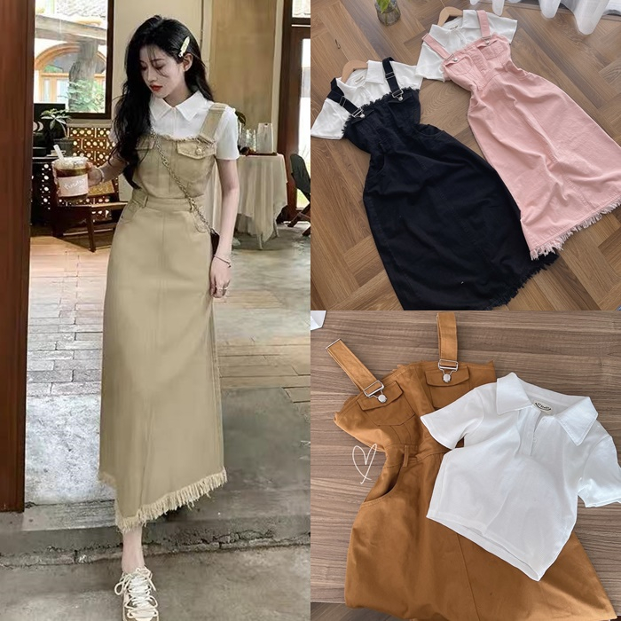 SET ĐẦM YẾM 2 DÂY DÀI MIDI KAKI VÁY CHỮ A XẺ SAU SUÔNG TRƠN + ÁO THUN CỔ SƠ MI ĐI TIỆC ĐI CHƠI ĐI BIỂN DẠO PHỐ CÔNG SỞ