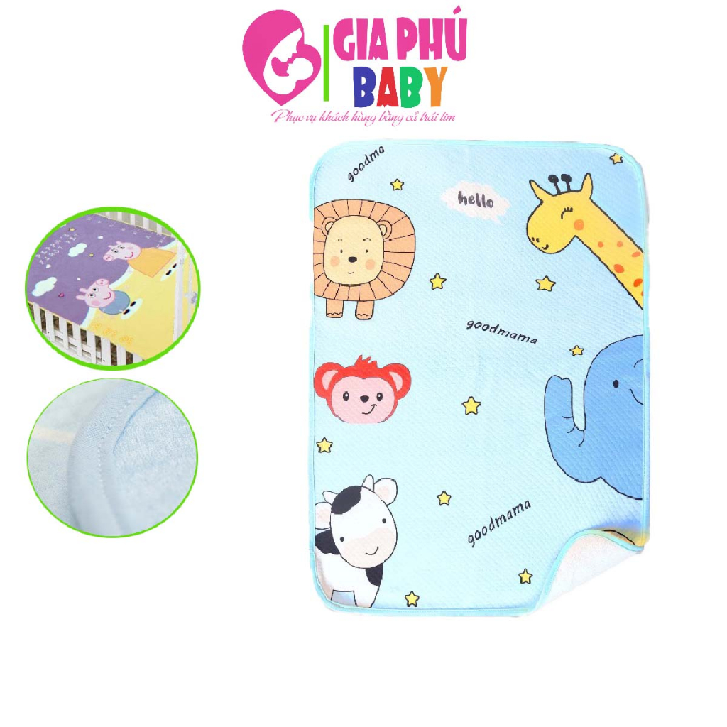 Lót Chống Thấm Khổ 50x70cm Goodmama sử dụng 2 mặt, mặt in thoáng mát vào mùa hè, mặt sợi tre ấm áp vào mùa đông