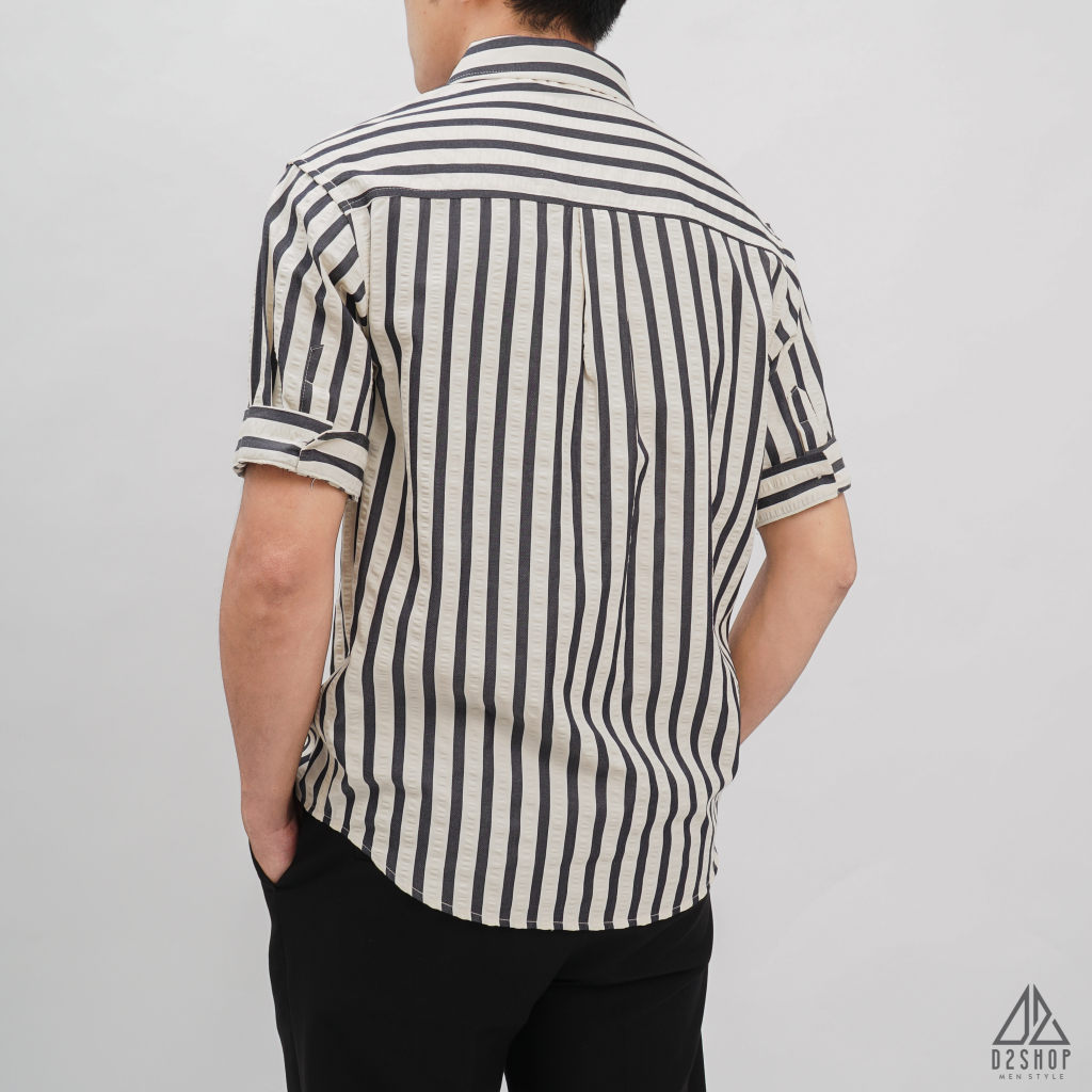 Áo sơ mi D2shop, áo sơ mi ngắn tay vải gân sọc phối túi, màu xanh đậm, rêu, nâu