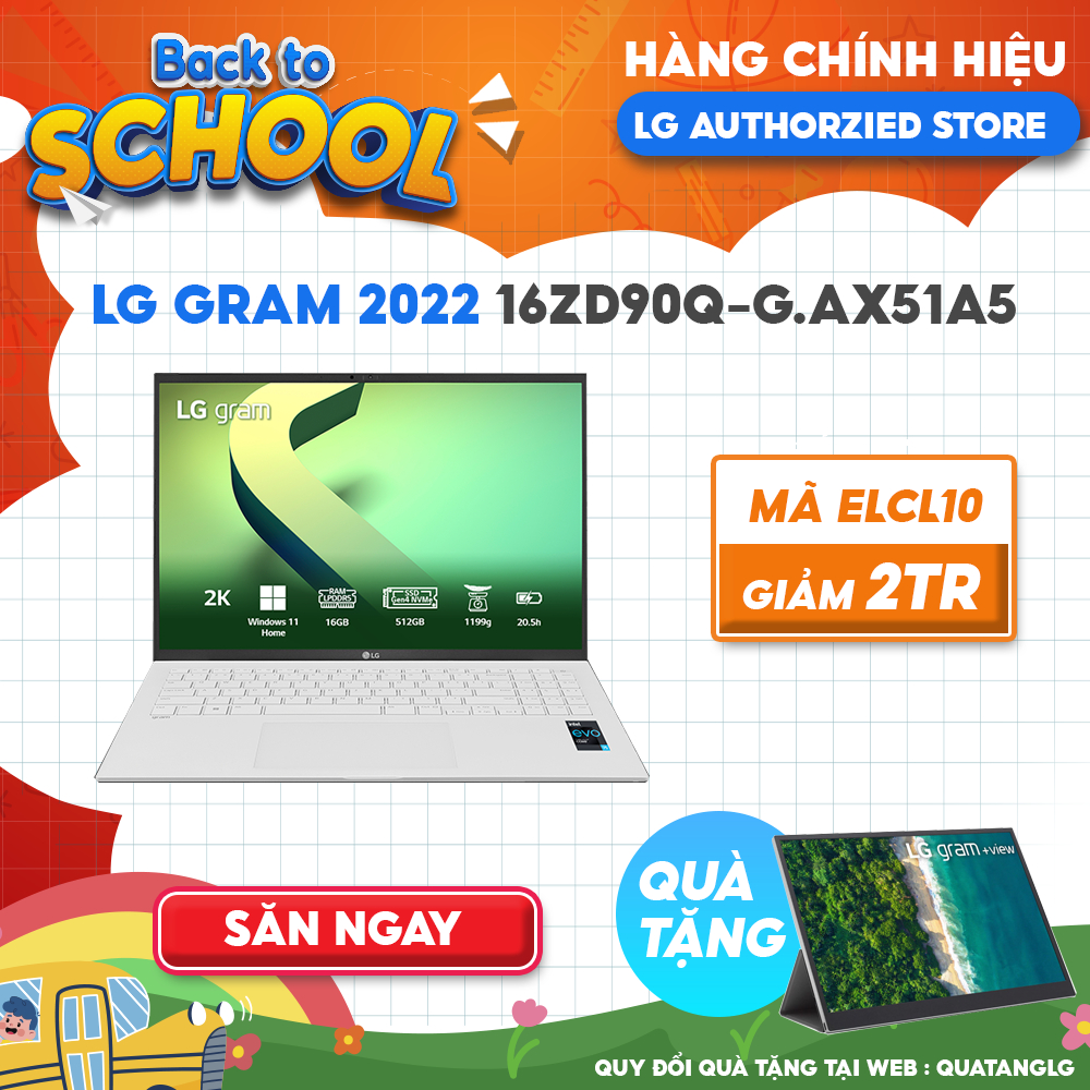 Laptop LG Gram 2022 16ZD90Q-G.AX51A5 (i5-1240P  8GB  256GB  Intel Iris Xe Graphics  16' WQXGA 99% DCI-P3  DOS)
