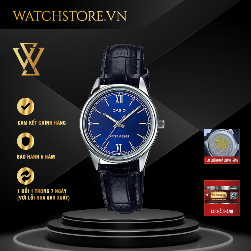 Đồng Hồ Quartz Nữ Casio WATCHSTORE LTP-V005L-2B Thiết Kế Mặt Kính Khoáng 28mm, Dây Da Đen Và Vỏ Thép Không Gỉ