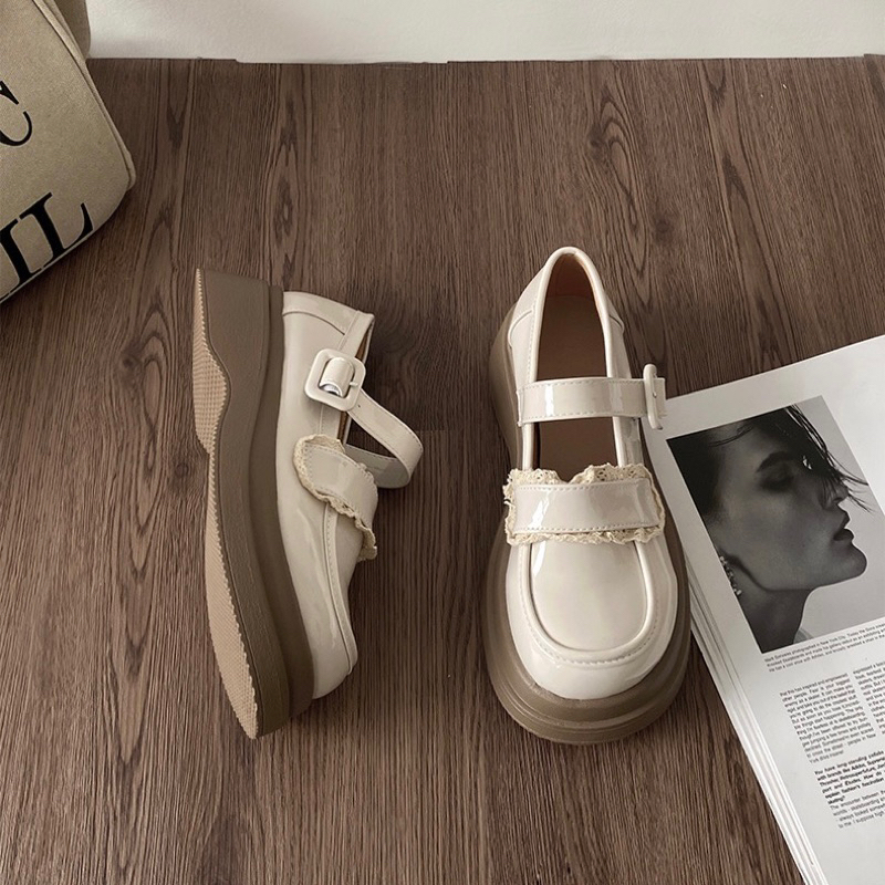 Giày lolita nữ quai cài phối ren, giày búp bê quai ngang da bóng