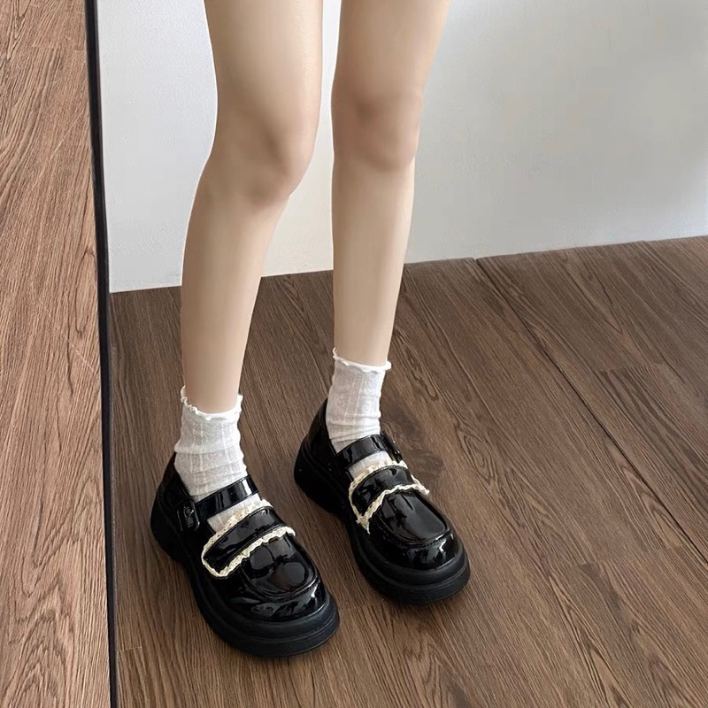 Giày lolita nữ quai cài phối ren, giày búp bê quai ngang da bóng